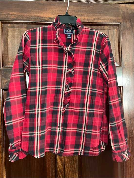 Chaps Tops - Chaps Red Black Plaid Ruffle-Front Button Down Top S